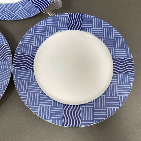Crate & Barrel Rafia Blue White Wavy Salad Plates Lead Cadmium Free Lot of 3 - Picture 6 of 14